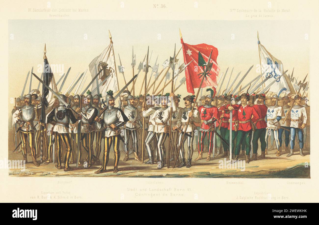 Contingente di Berna: Truppe della città e del cantone da Burgdorf, Interlaken, Emmenthal e Oberaargau. Pikemen e lunghi spadaccini con insegne. Cromolitografia di C. Knusli, dopo un'illustrazione di Carl Jauslin dall'album du Cortege Historique de Morat, concorso di rievocazione nel 400° anniversario della battaglia di Murten, Buri, Zurigo, 1876. Foto Stock