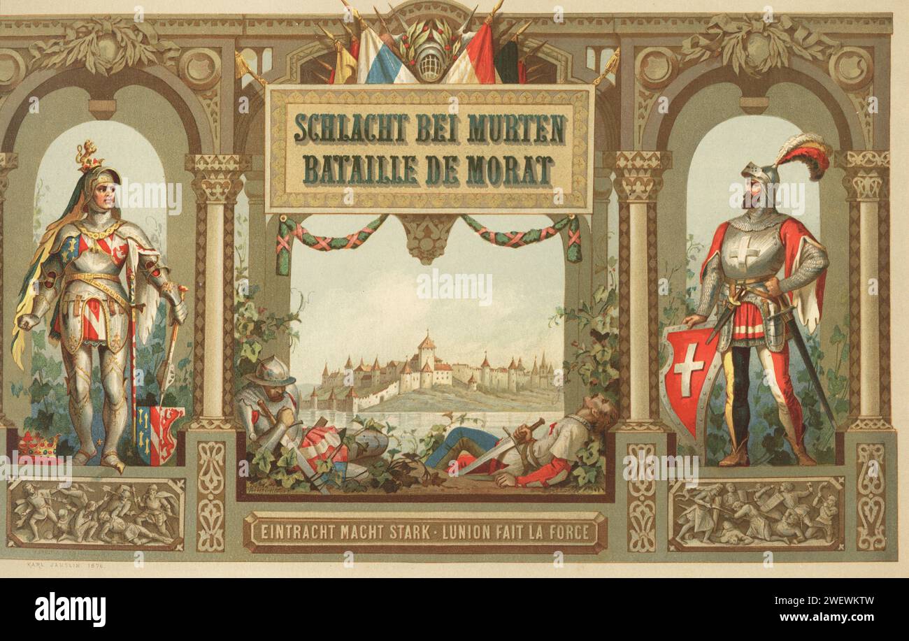 Frontespizio con due cavalieri in armatura, standard, vista della città di Murten e dei soldati morti. Schlacht bei Murten, Bataille de Morat. Cromolitografia di C. Knusli, dopo un'illustrazione di Carl Jauslin dall'album du Cortege Historique de Morat, concorso di rievocazione nel 400° anniversario della battaglia di Murten, Buri, Zurigo, 1876. Foto Stock