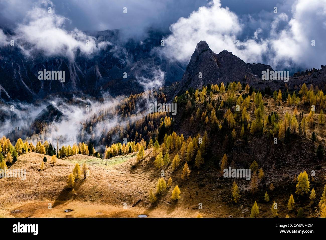 Scogliere rocciose e creste che circondano la cima Ambrizzola, parzialmente ricoperta da nuvole dopo una pioggia, dietro larici e pini colorati. Foto Stock