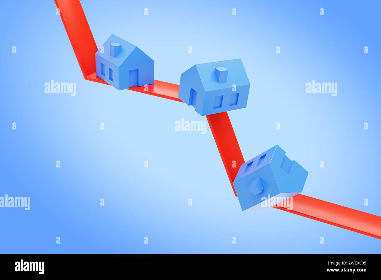 Concetto di caduta dei prezzi immobiliari. diverse case blu che cadono su una linea rossa rivolta verso il basso. Sfondo sfumato blu Foto Stock