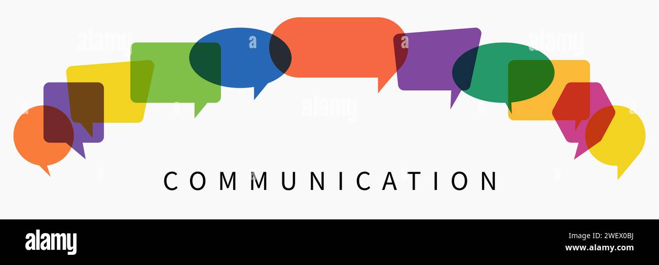Comunicazione. Parole con dialoghi colorati e multicolore. Illustrazione piatta del concetto di comunicazione su sfondo bianco isolato. Persone Illustrazione Vettoriale
