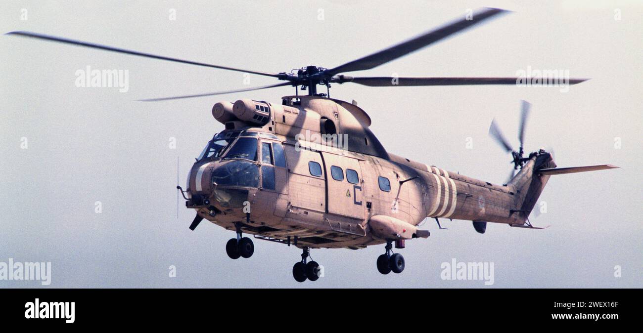 Prima guerra del Golfo: 4 marzo 1991 un elicottero della RAF Aérospatiale SA 330 Puma atterra presso il quartier generale dell'esercito britannico in Kuwait. Foto Stock