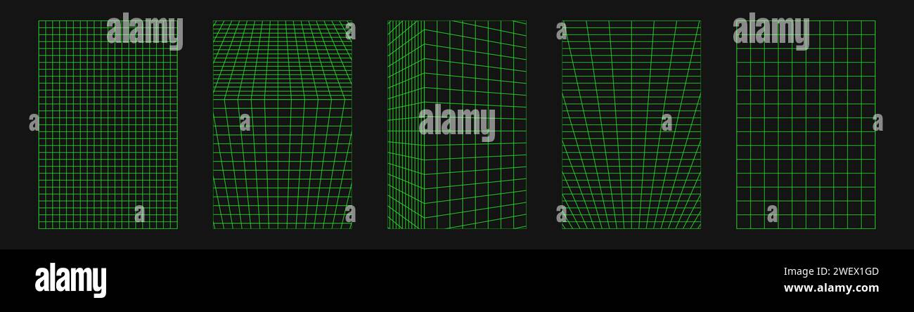 Wireframe astratti, elementi cyberpunk e griglie e sfere verdi prospettiche. Set futuristico dal design geometrico surreale. Forme y2k psichedeliche. Rave Illustrazione Vettoriale