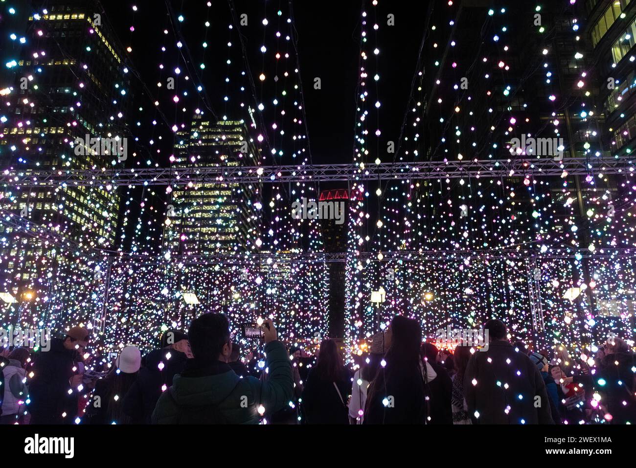 Canary Wharf Winter Lights, 26 gennaio 2024, il popolare Festival annuale delle luci invernali di Canary Wharf prenderà parte a Londra dal 17 al 27 gennaio 2024, con 13 colorate installazioni luminose da vedere. Nella foto: Persone che si godono l'esperienza artistica immersiva chiamata Submergence by Squidsoup in Montgomery Square Foto Stock