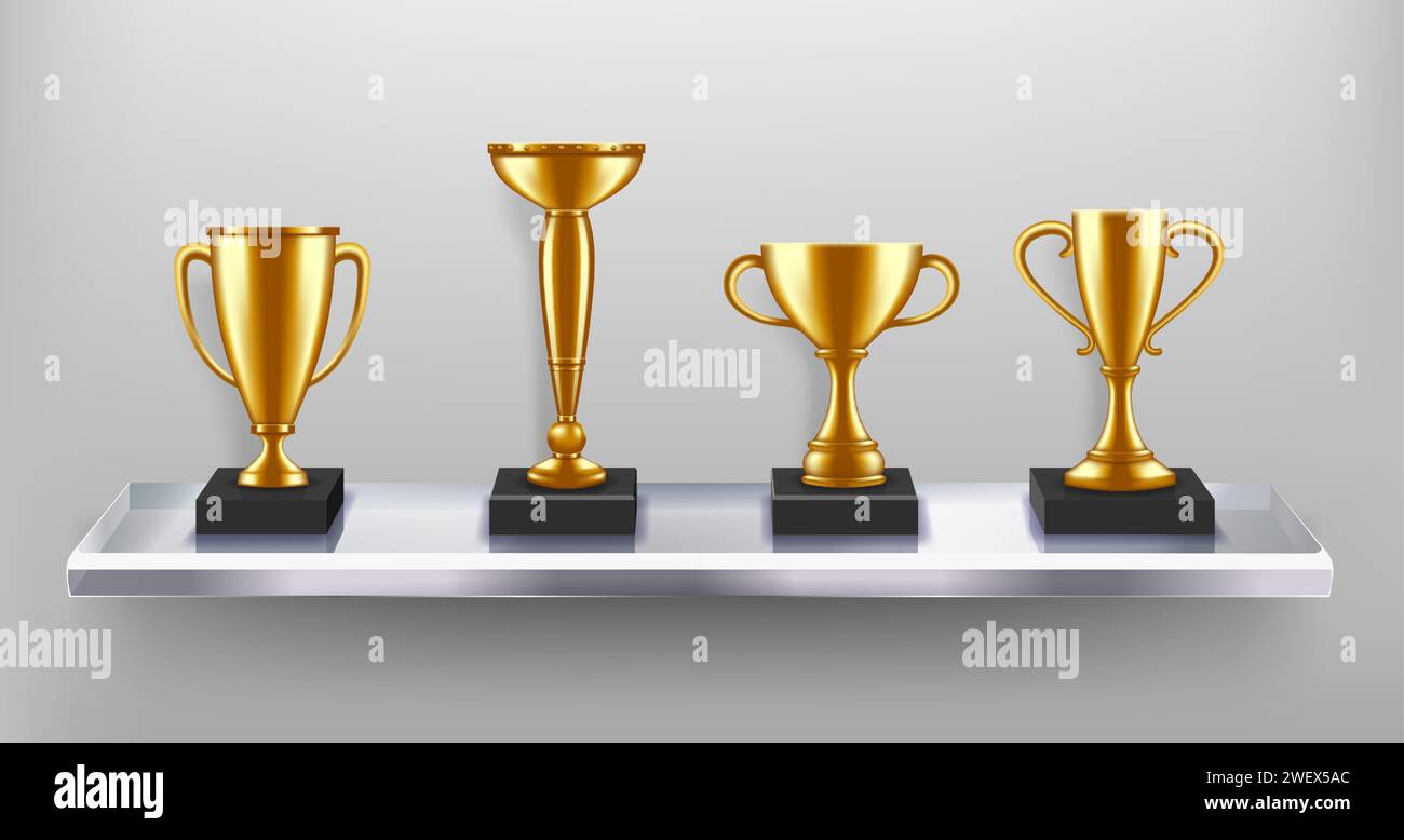 Coppa d'oro premiata sullo scaffale. Trofei galleria d'onore, premi d'oro e risultati di successo illustrazione vettoriale Illustrazione Vettoriale
