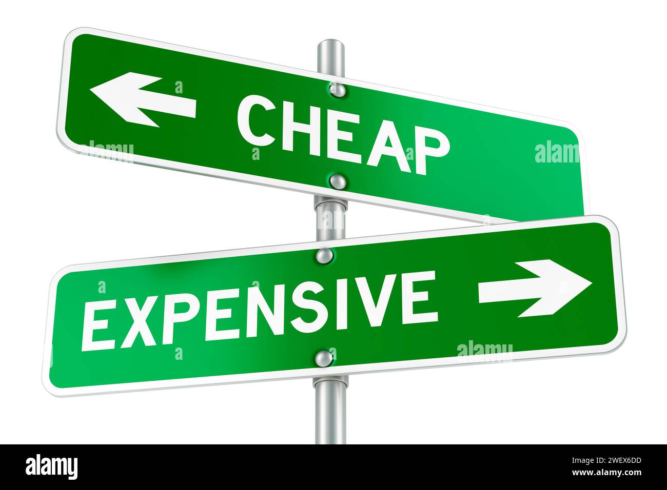 Economico o costoso. Di fronte alla segnaletica stradale, rendering 3D isolato su sfondo bianco Foto Stock