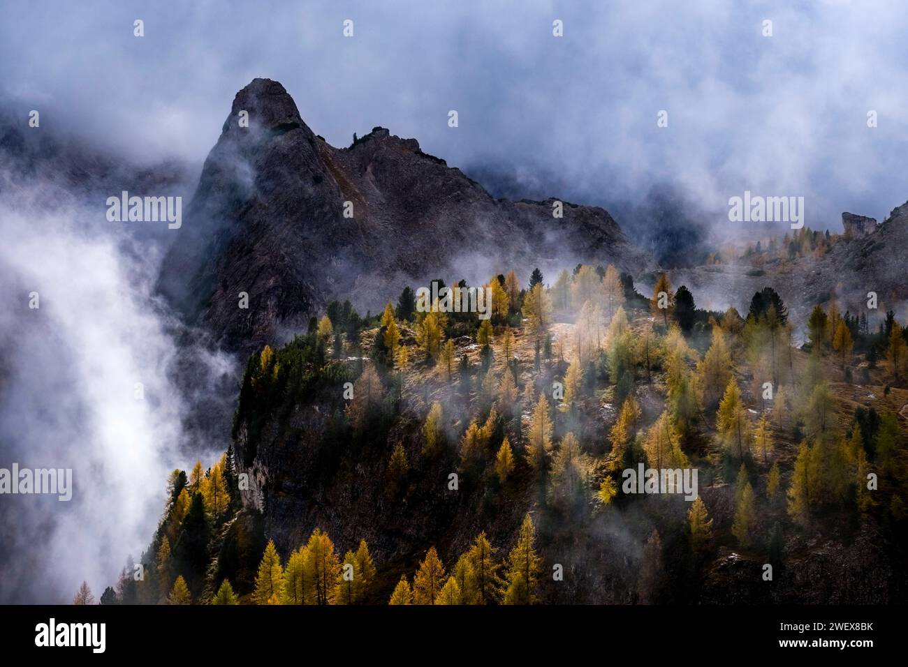 Scogliere rocciose e creste che circondano la cima Ambrizzola, parzialmente ricoperta da nuvole dopo una pioggia, dietro larici e pini colorati. Cortina Foto Stock