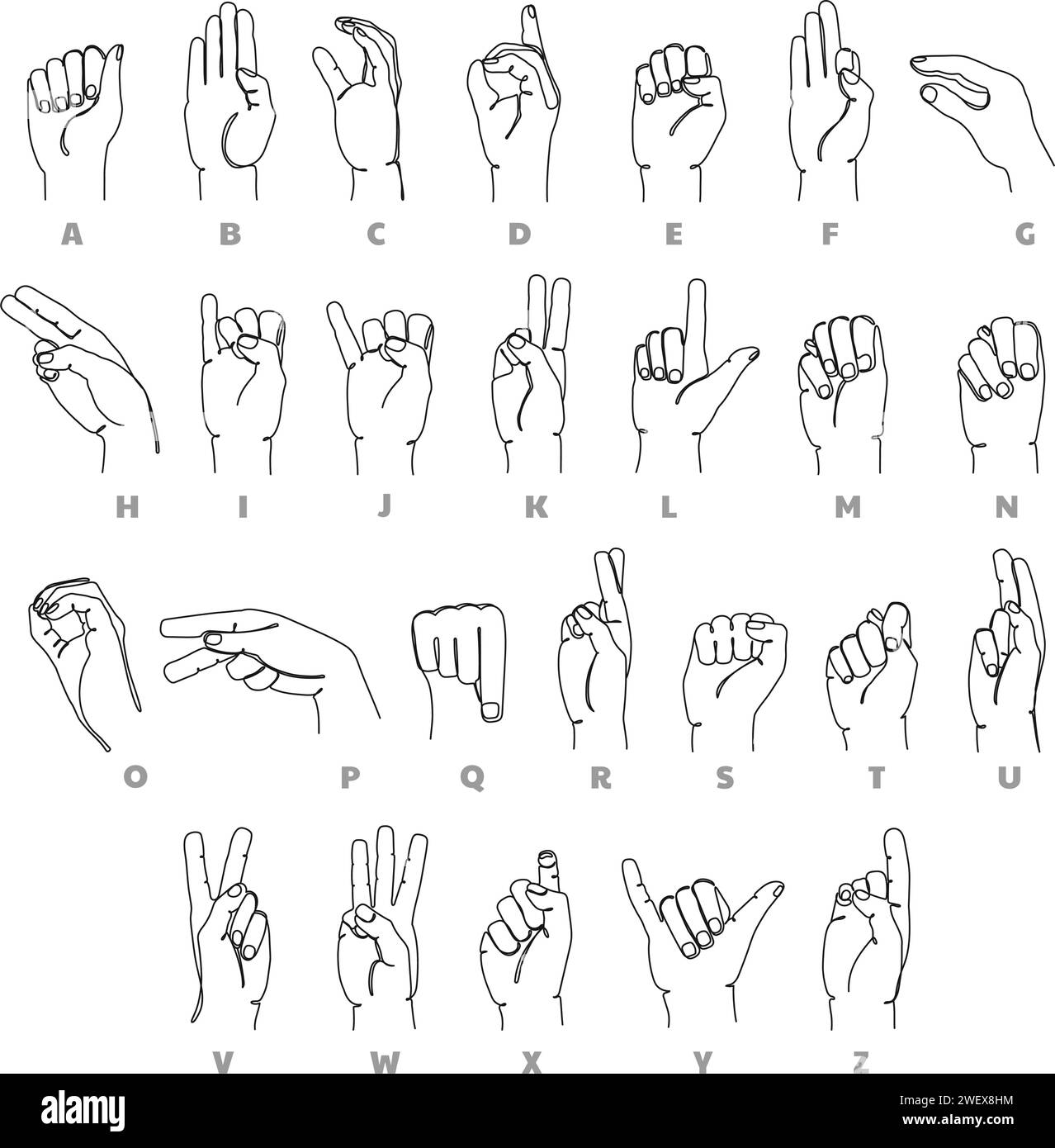 Alfabeto della lingua non udente. Apprendimento del linguaggio dei segni gesti della mano insieme di illustrazioni vettoriali didattiche continue a una riga Illustrazione Vettoriale