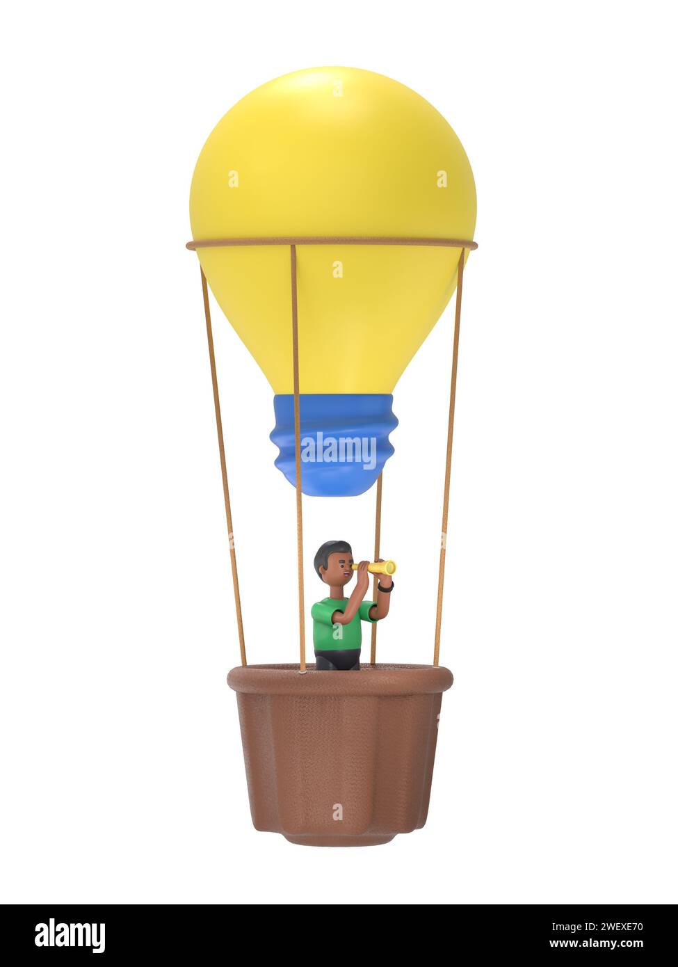 Concetto di previsione del futuro aziendale basato sull'idea lineare di stile grafico a linea piatta. Visione aziendale.illustrazione 3D di una lampada a palloncino volante per uomo d'affari. Foto Stock