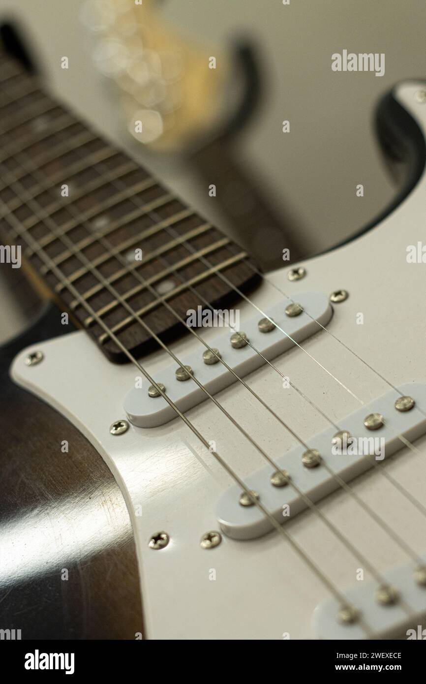 primo piano sulle corde di chitarra elettrica Foto Stock