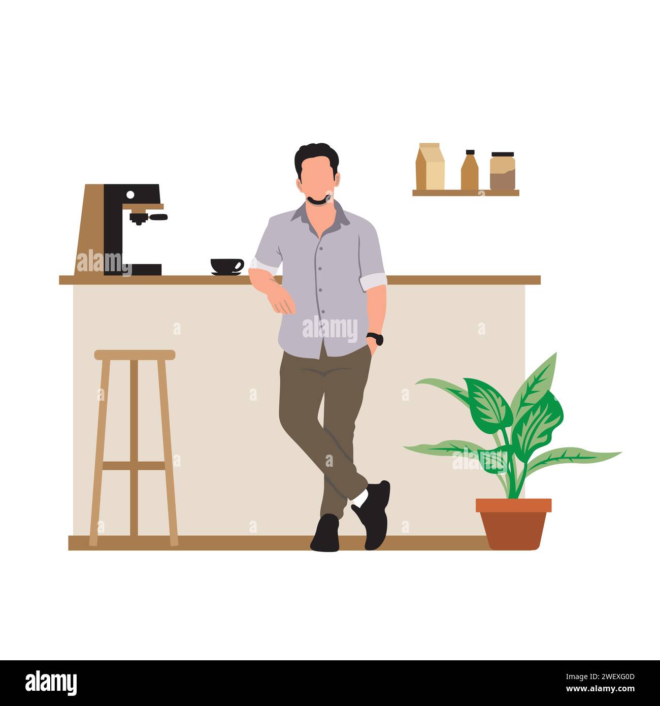 Bar, barista con una tazza di caffè. Illustrazione vettoriale in stile piatto Illustrazione Vettoriale