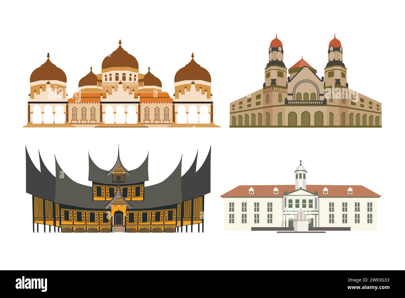 Edifici e monumenti medievali. Illustrazione vettoriale in stile di design piatto. Illustrazione Vettoriale