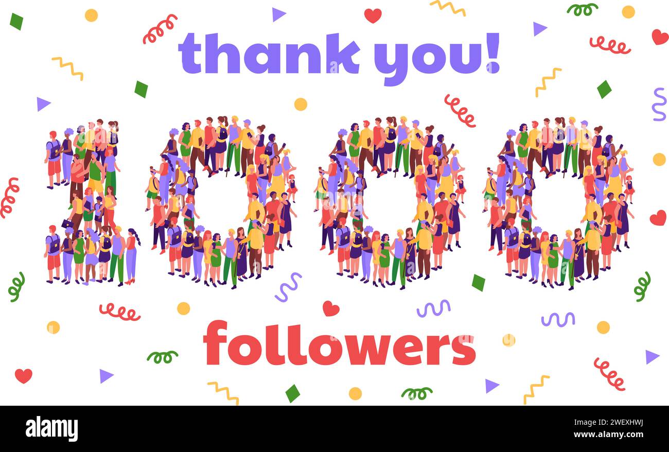 Banner di ringraziamento per i follower 1000. Social media migliaia di abbonati celebrazione coriandoli da festa e numero di persone folla illust vettoriale isometrico Illustrazione Vettoriale