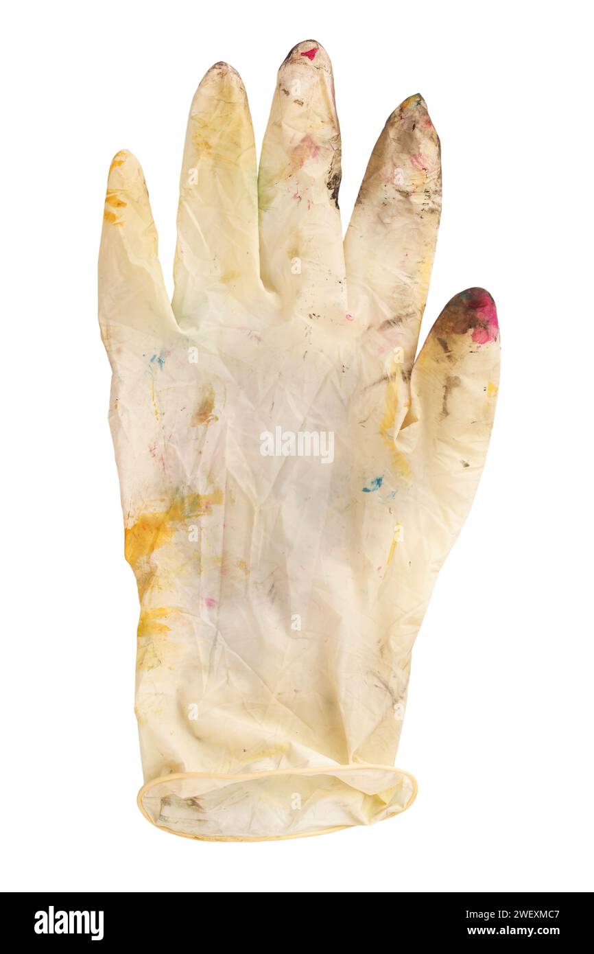 Guanti di gomma bianca in macchie di vernice su sfondo bianco. Il concetto di creatività, creazione. Il file contiene il percorso di ritaglio. Foto Stock