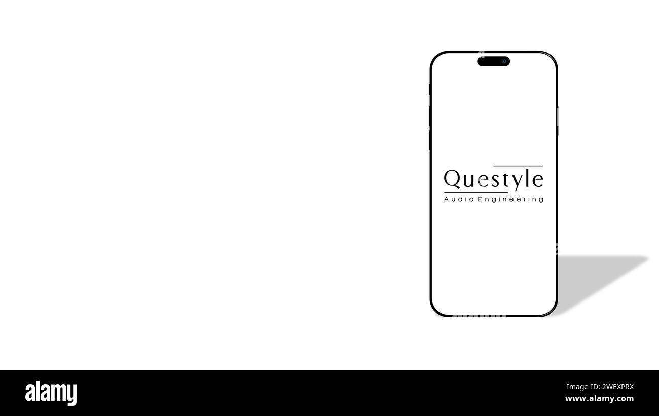 Istanbul, Turchia - 25 gennaio 2024: Logo del marchio Questyle sullo schermo dello smartphone con il sito Web Questyle sullo sfondo. Questyle e' una compagnia audio di alto livello Foto Stock