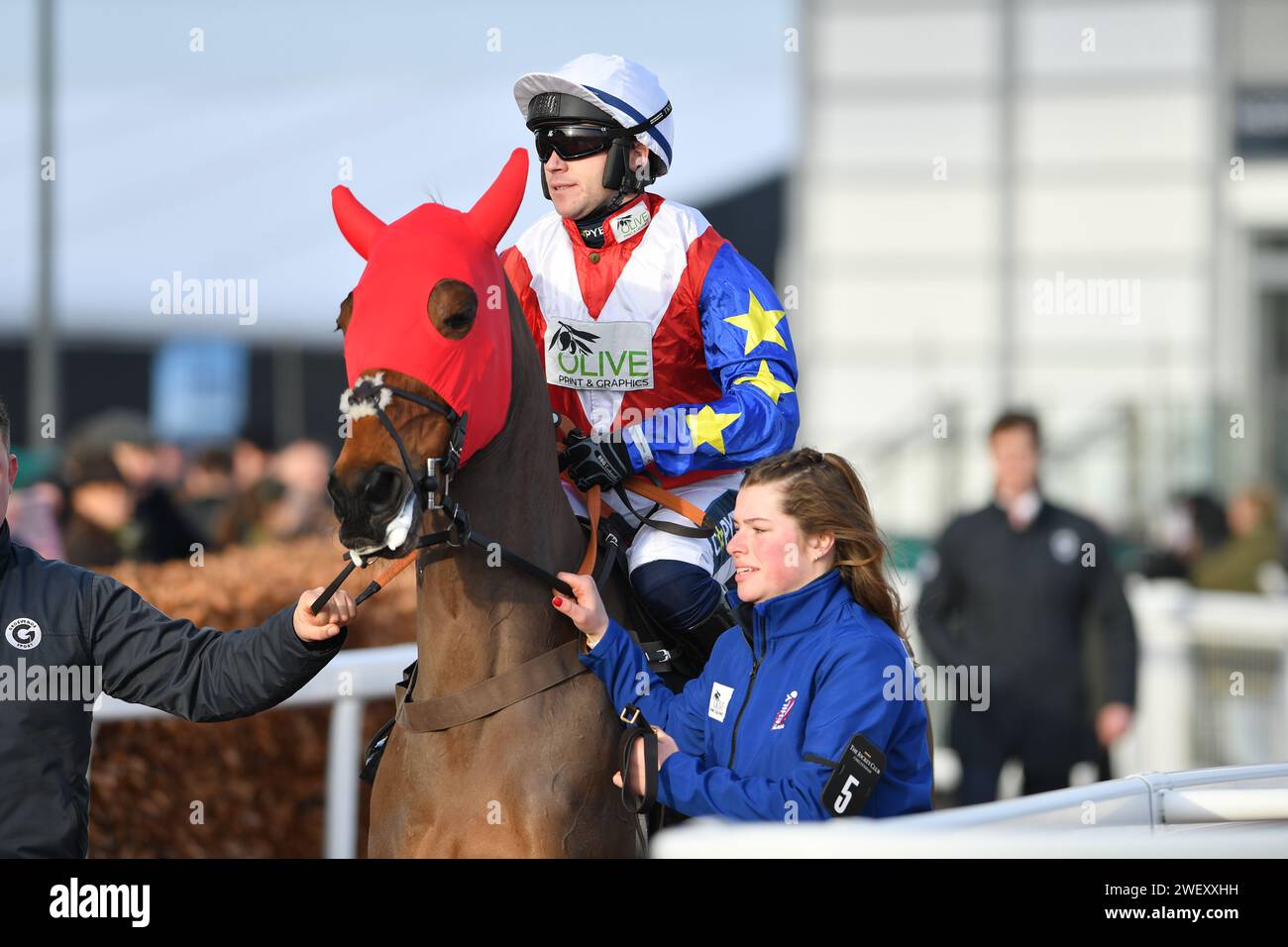 Cheltenham, Regno Unito. 27 gennaio 2024. Cheltenham Racecource, Regno Unito. Love Envoi, cavalcato da Jonathan Burke, si prepara ad andare al post. Azione della Unibet hurdle Race 15,00, vinta da Lossiemouth, a Cheltenham. REGNO UNITO. Crediti fotografici: Paul Blake/Alamy Sports News Foto Stock