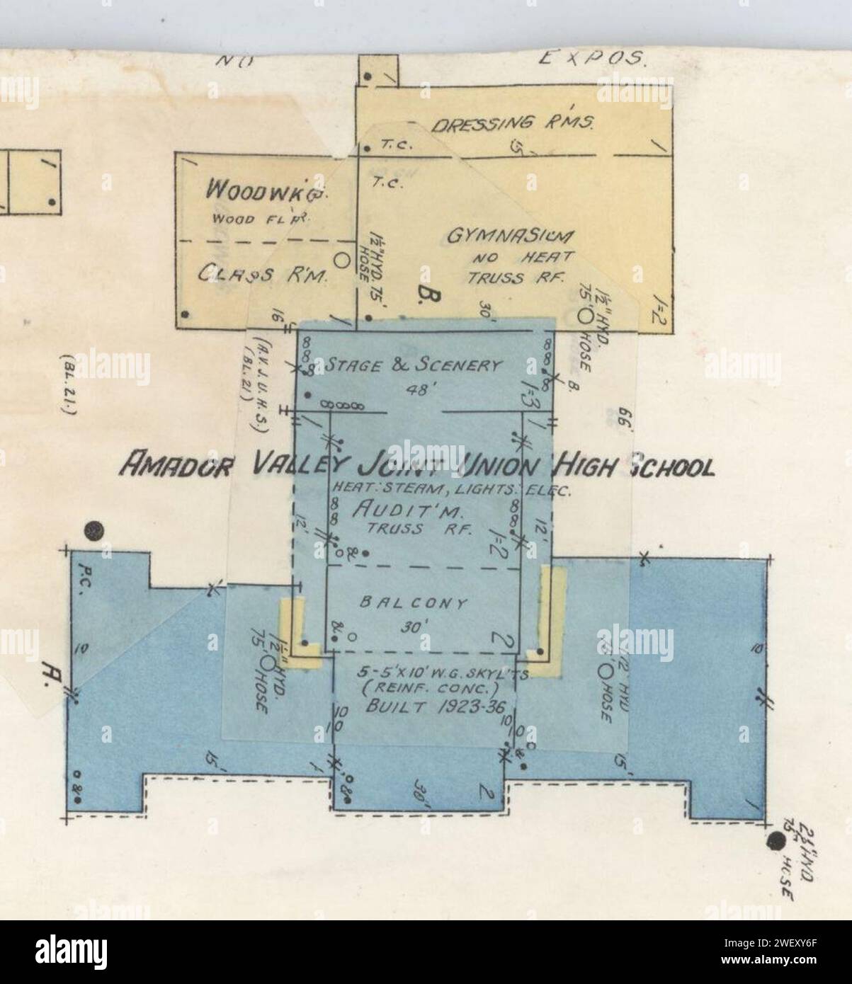 Amador Valley Joint Union High School dall'immagine 12 della mappa Sanborn Fire Insurance di Pleasanton, Alameda County, California. Foto Stock