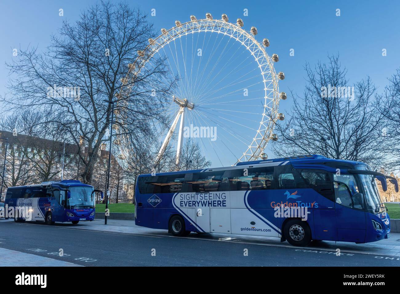 Il London Eye, una popolare attrazione turistica di Londra, Inghilterra, Regno Unito, con pullman turistici parcheggiati nelle vicinanze Foto Stock