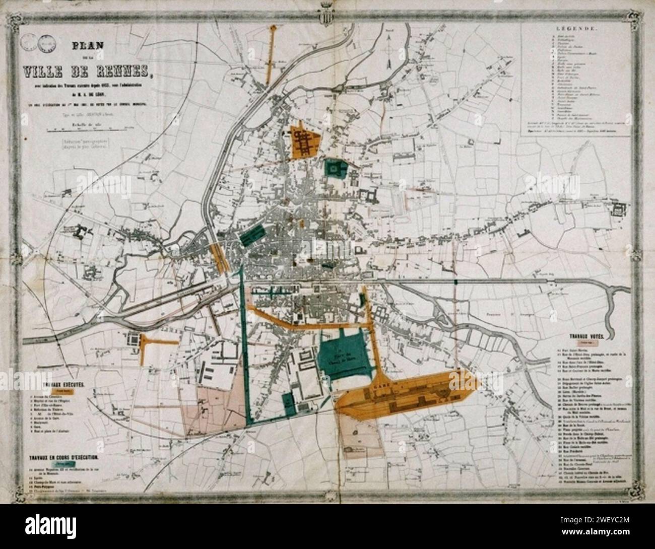 Ancien chemin vicinal n° 24, dit blv Solférino, blv de Beaumont, blv du Colombier et blv de Guines (Rennes) - Plan de la ville de Rennes avec indication des travaux exécutés depuis 1855 (A. C. Rennes, 1 Fi 76). FC. Foto Stock