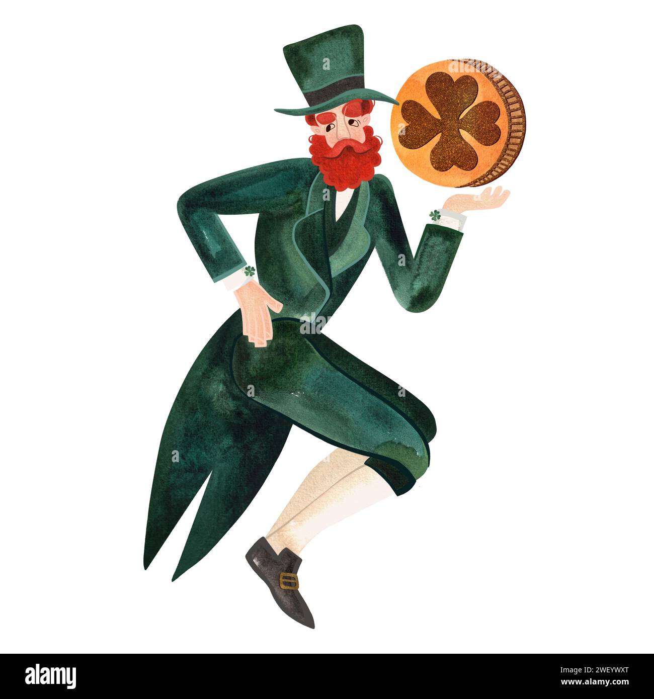 Leprechaun in costume verde e cappello. Simbolo dell'Irlanda. Uomo dalla barba rossa. Illustrazione ad acquerello isolata su sfondo bianco. Carattere Foto Stock