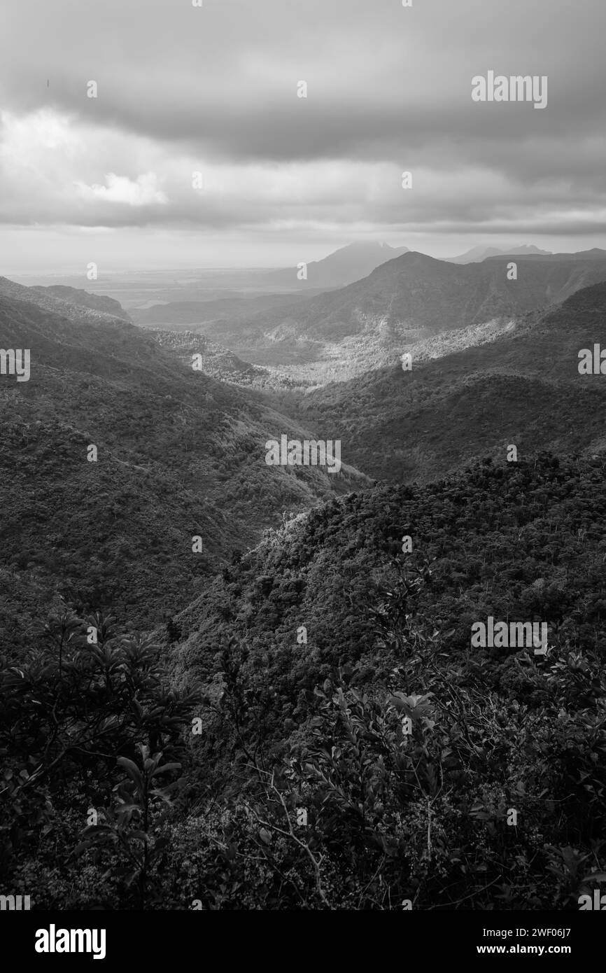 Black River Gorge Viewpoint con la lussureggiante Green Rainforest Valley nelle Mauritius Black and White Foto Stock