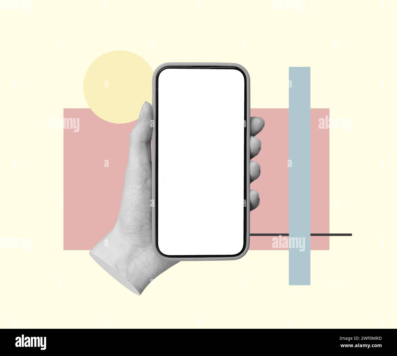 Mockup per telefono cellulare, mockup dello schermo dello smartphone in mano. Display del cellulare vuoto con forme geometriche Foto Stock