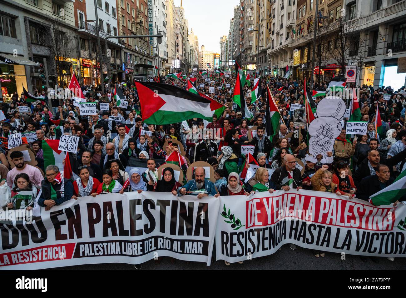 Madrid, Spagna. 27 gennaio 2024. Persone che protestano durante una manifestazione a sostegno del popolo palestinese. Migliaia di persone hanno marciato attraverso il centro della città per chiedere un cessate il fuoco a Gaza mentre continuano gli attacchi israeliani. Oltre 26.000 palestinesi sono stati uccisi nella Striscia di Gaza dal 7 ottobre 2023, a seguito di attacchi aerei israeliani e attacchi durante il conflitto tra Israele e Palestina. Crediti: Marcos del Mazo/Alamy Live News Foto Stock