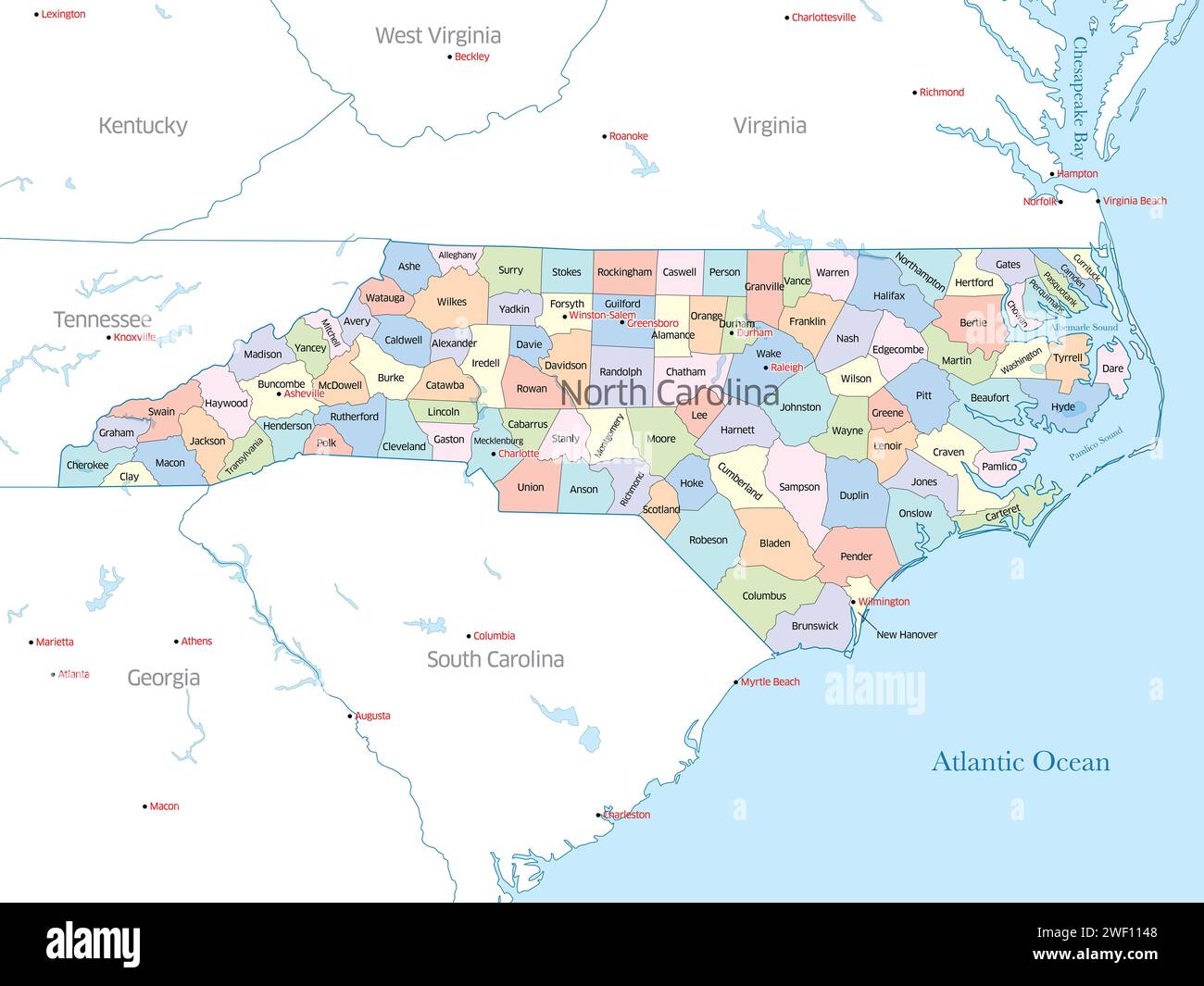 Mappa politica colorata delle contee che costituiscono lo stato della Carolina del Nord negli Stati Uniti Foto Stock