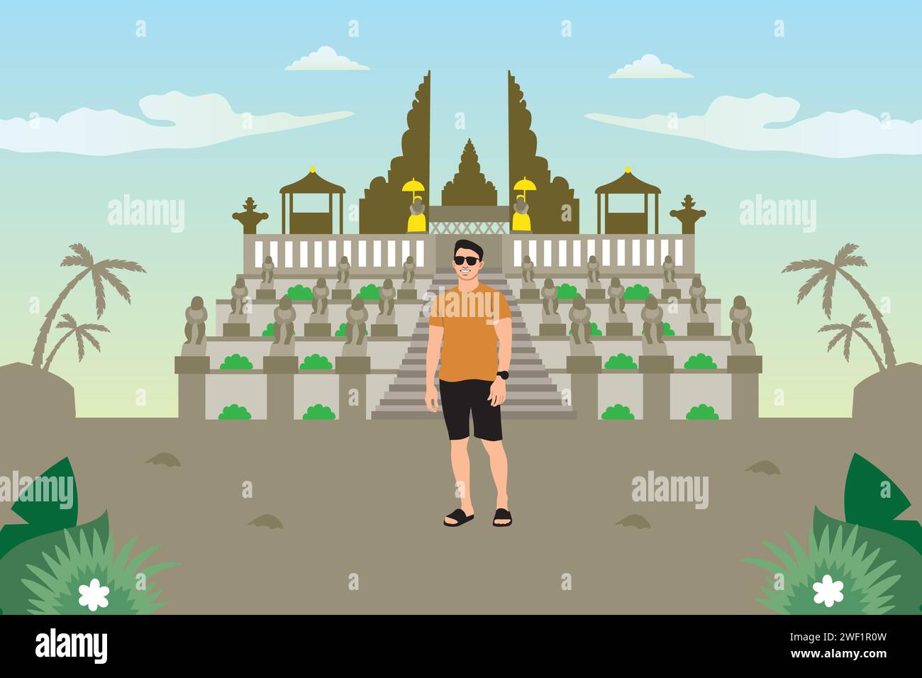 Viaggiatore di fronte al tempio. Illustrazione vettoriale in stile piatto Illustrazione Vettoriale