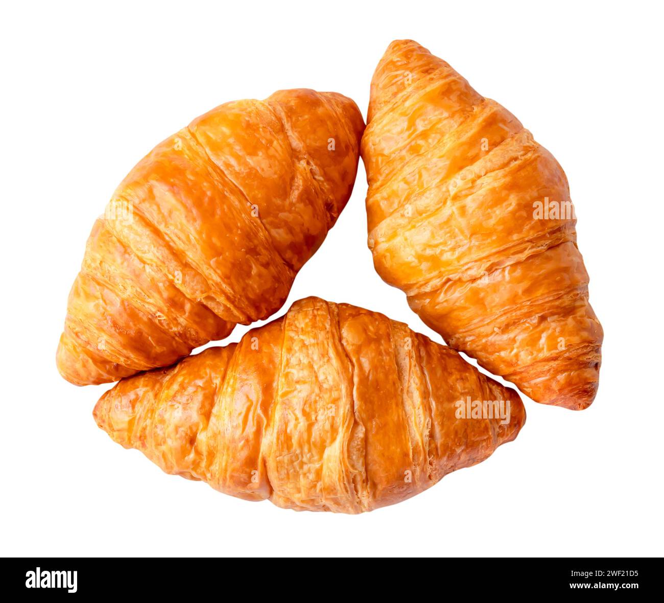 Vista dall'alto il set di tre croissant freschi è isolato su sfondo bianco con un percorso di ritaglio. Foto Stock