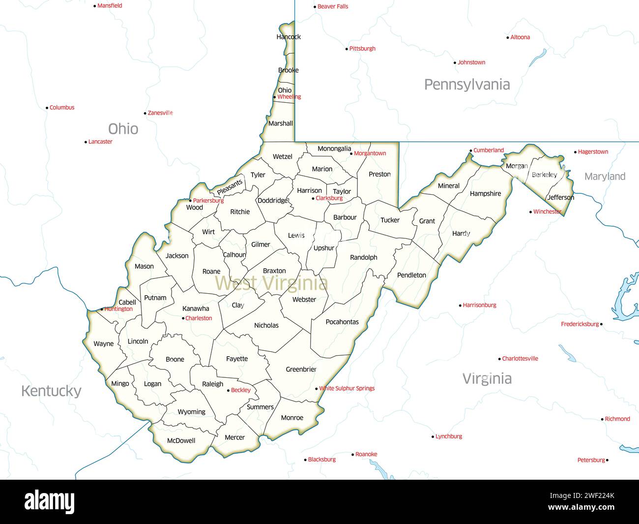 Mappa politica che mostra le contee dello stato della Virginia Occidentale. Foto Stock