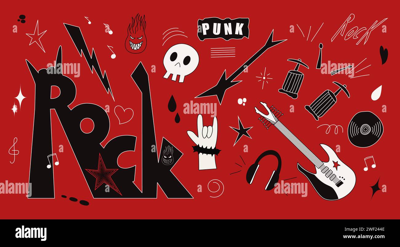 Collezione di elementi punk rock n roll. Cartelli di roccia dura, oggetti, set di simboli. Illustrazione del vettore Doodle isolata su sfondo rosso Illustrazione Vettoriale
