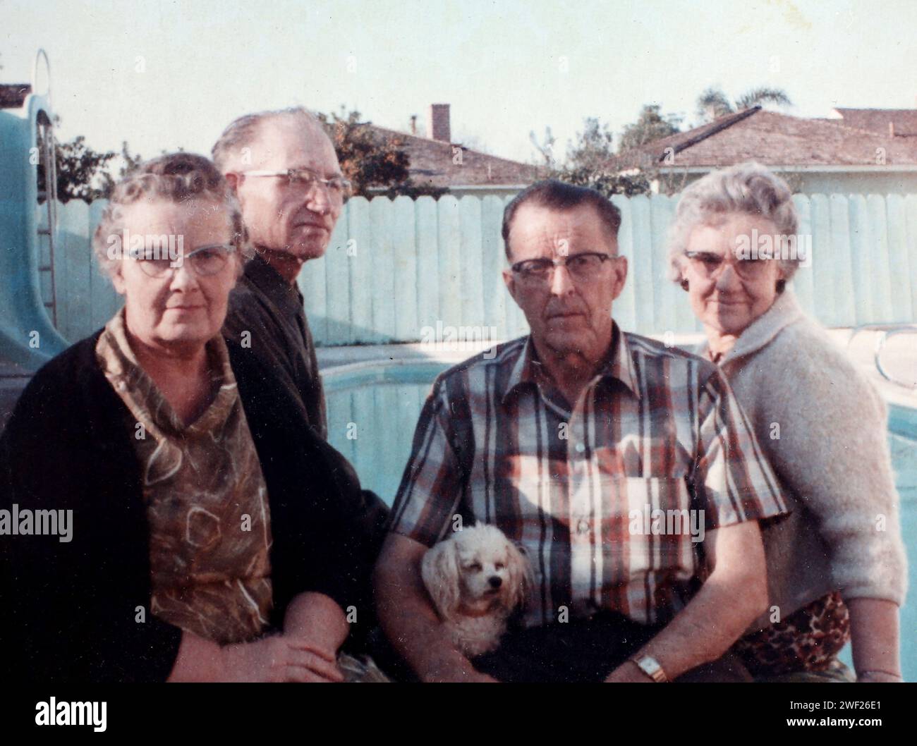 Quattro anziani e un cane si riuniscono vicino alla piscina del cortile per una foto, ca. 1960. Foto Stock