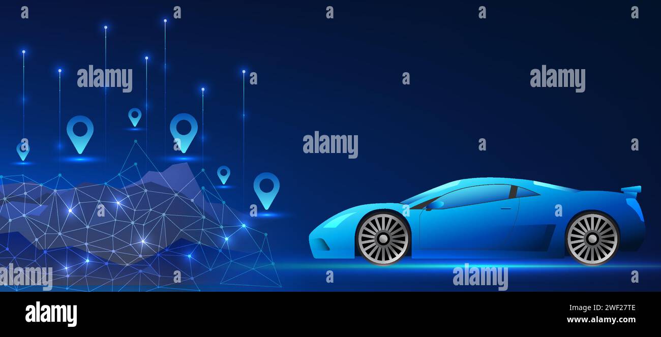 Tecnologia Smart Car background uno dei veicoli più innovativi connessi alla tecnologia è un veicolo con sistema di navigazione GPS. Testa per auto sportive Illustrazione Vettoriale