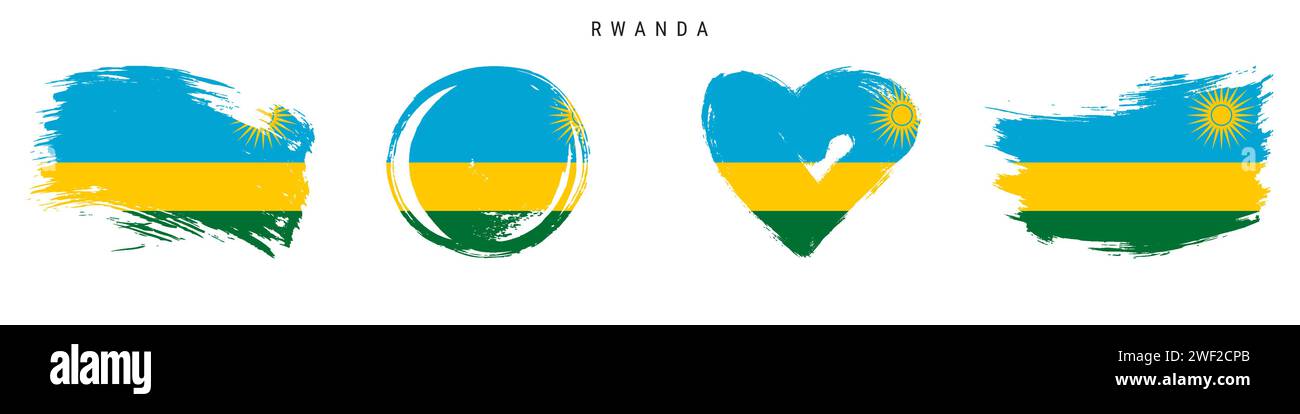 Set di icone di bandiera in stile grunge disegnate a mano in Ruanda. Banner ruandese con colori ufficiali. Forma del tratto libero del pennello, cerchio e a forma di cuore. Illustr. Vettoriale piatto Illustrazione Vettoriale