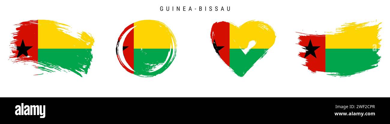 Set di icone bandiera stile grunge disegnate a mano Guinea-Bissau. Banner della Repubblica nei colori ufficiali. Forma del tratto libero del pennello, cerchio e a forma di cuore. Vettore piatto Illustrazione Vettoriale