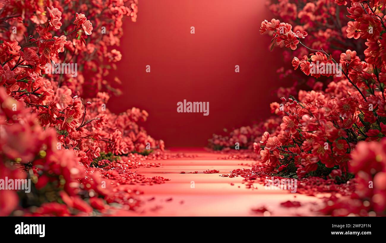 Sfondo rosso, spazio interno per matrimoni in stile cinese pieno di vari fiori rossi Foto Stock