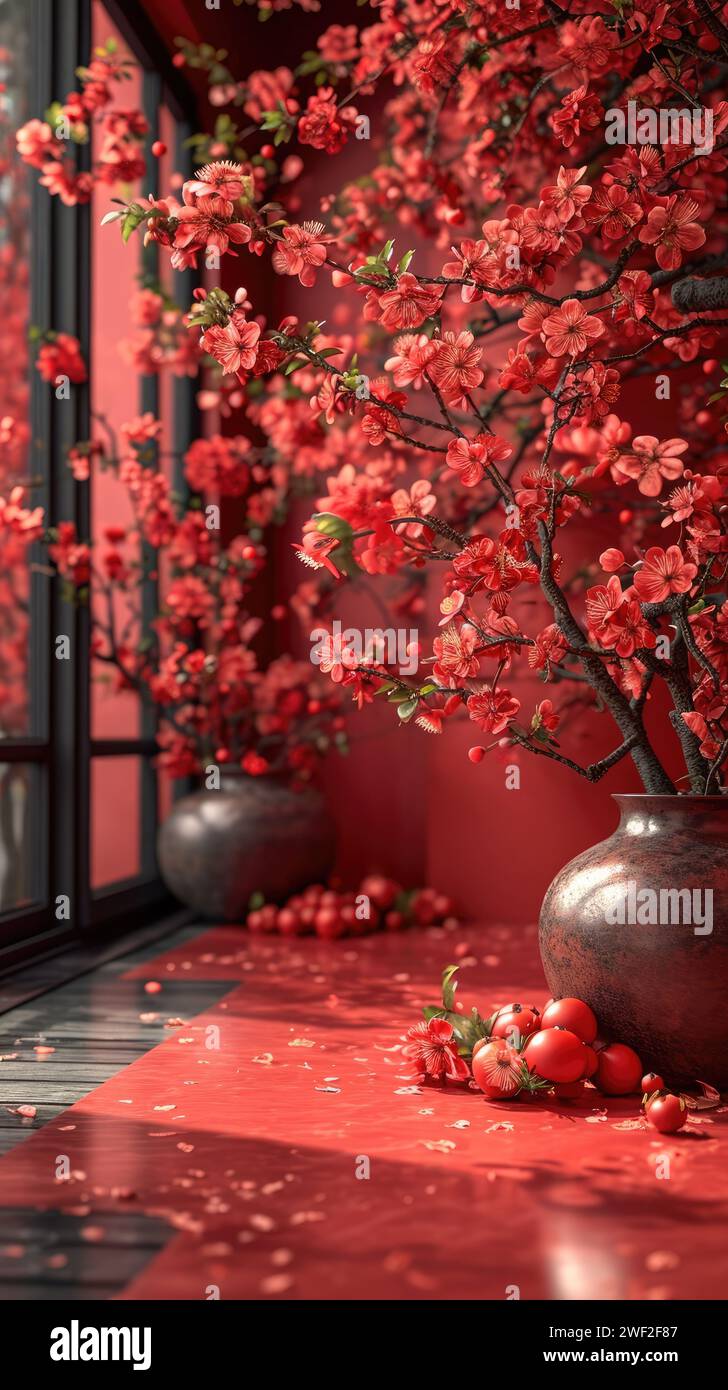 Sfondo rosso, spazio interno per matrimoni in stile cinese pieno di vari fiori rossi Foto Stock