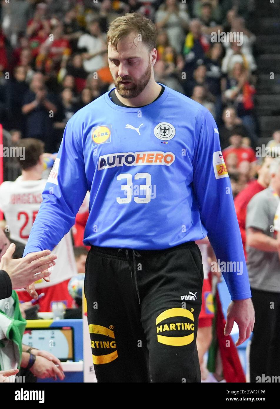 Andreas Wolff tedesco durante la gara di pallamano maschile EHF Euro 2024, semiFinals tra Germania e Danimarca il 26 gennaio 2024 alla Lanxess-Arena di Colonia, Germania Foto Stock