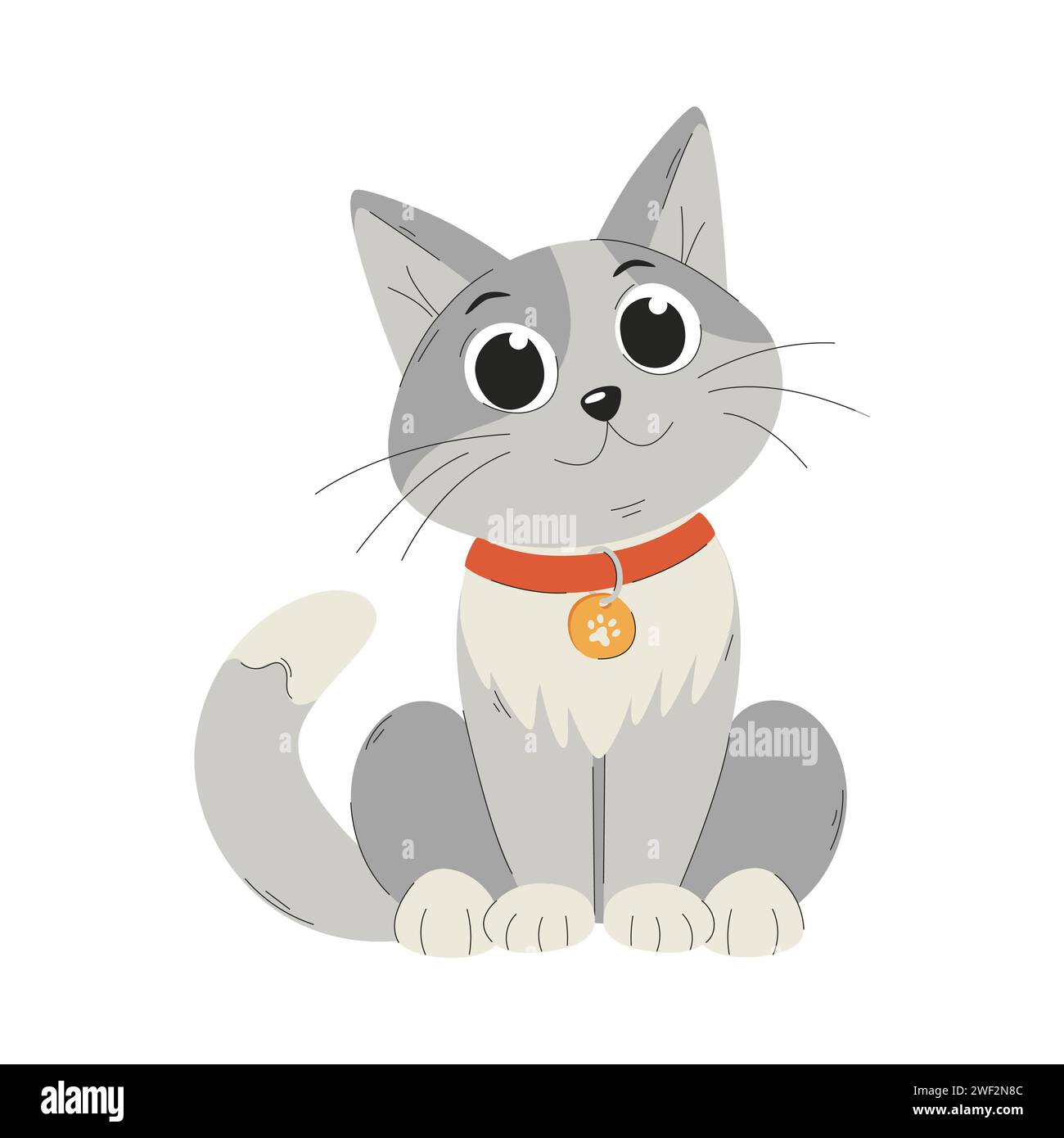 Un simpatico gattino sorridente in un collare. Il gatto è seduto con zampe piegate. Illustrazione vettoriale di un cartone animato piatto isolata su uno sfondo bianco Illustrazione Vettoriale