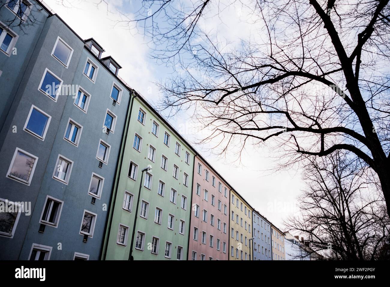 Monaco, Germania. 25 gennaio 2024. Edifici residenziali di colore diverso possono essere visti su 25.01.2024 nel quartiere 'Au-Haidhausen' a Monaco (Baviera). Crediti: Matthias Balk/dpa/Alamy Live News Foto Stock