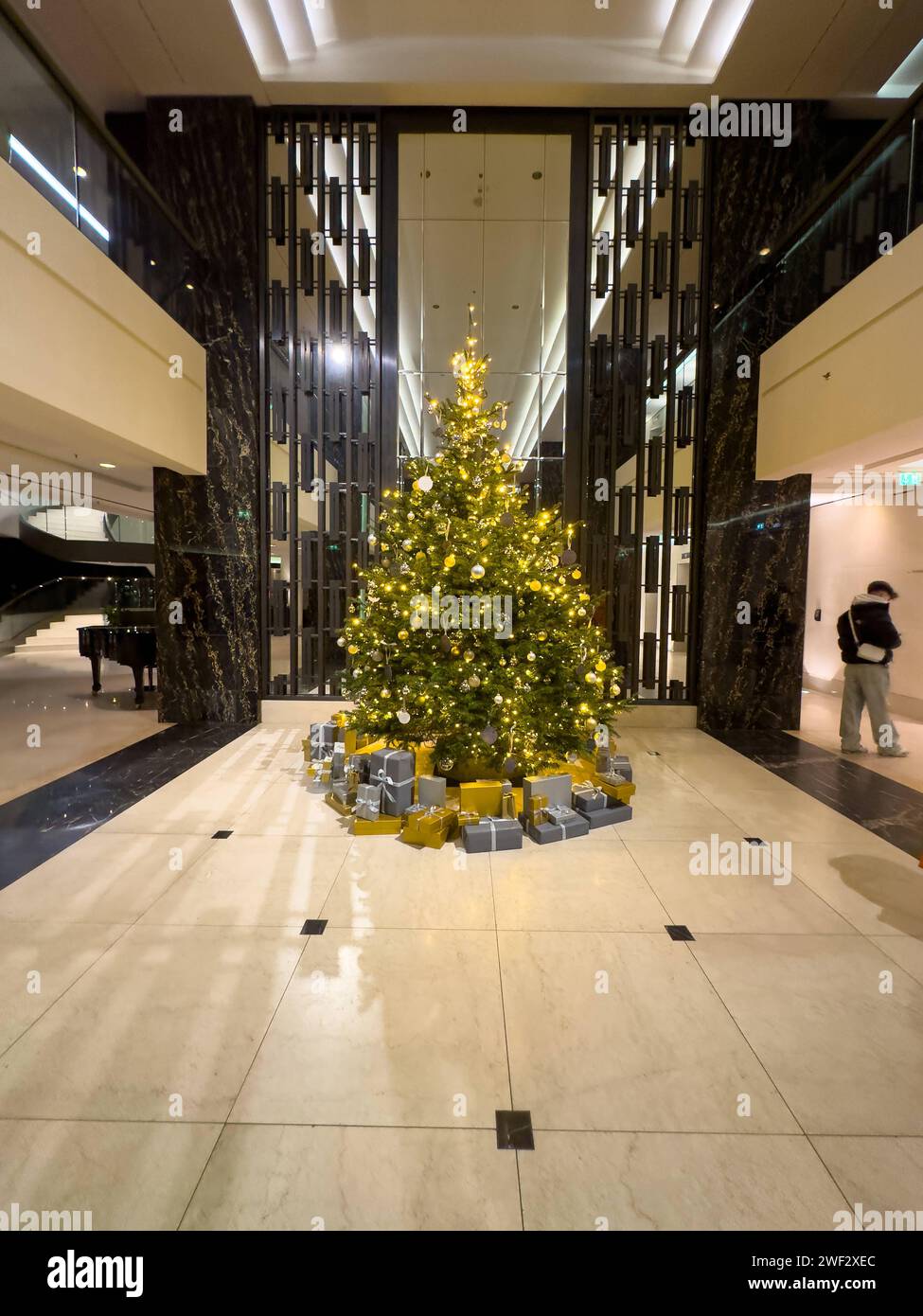Hotel ein festlich dekorierter Weihnachtsbaum steht im Foyer eines *** un albero di Natale decorato festosamente si trova nell'atrio di un hotel Foto Stock