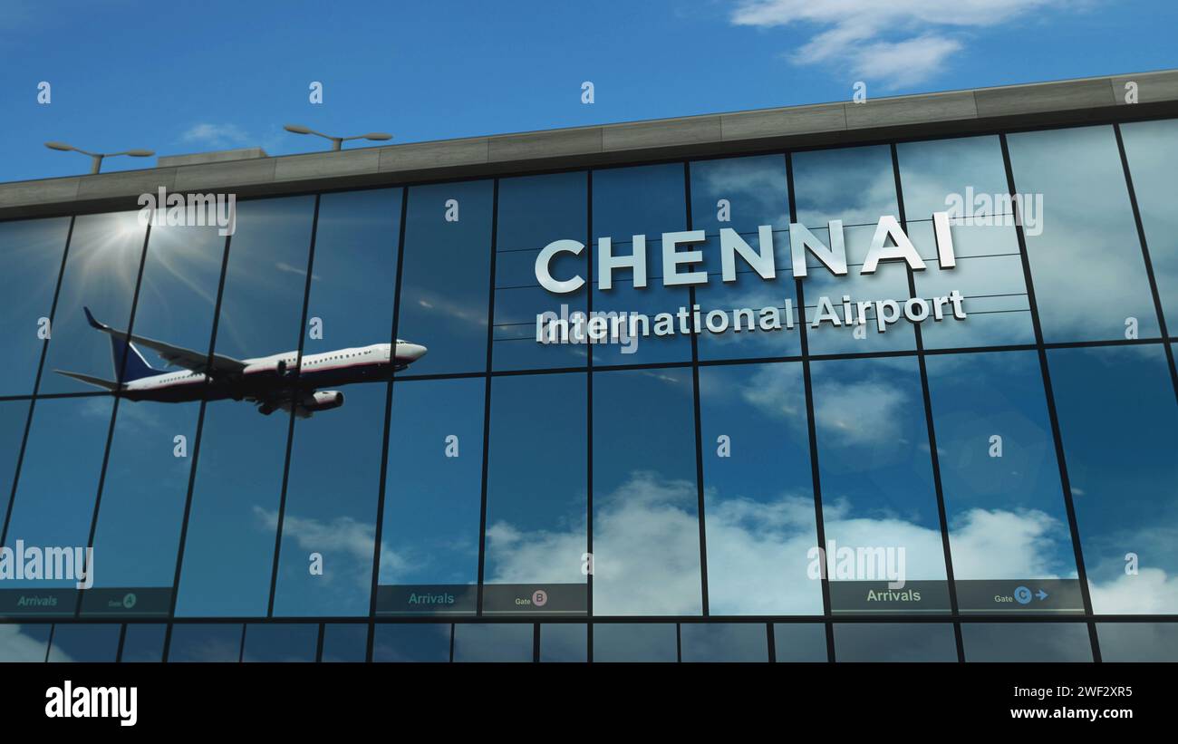 Aereo atterrato a Chennai, India illustrazione del rendering 3D. Arrivo in città con il terminal dell'aeroporto di vetro e riflesso del jet plane. Viaggio, Foto Stock