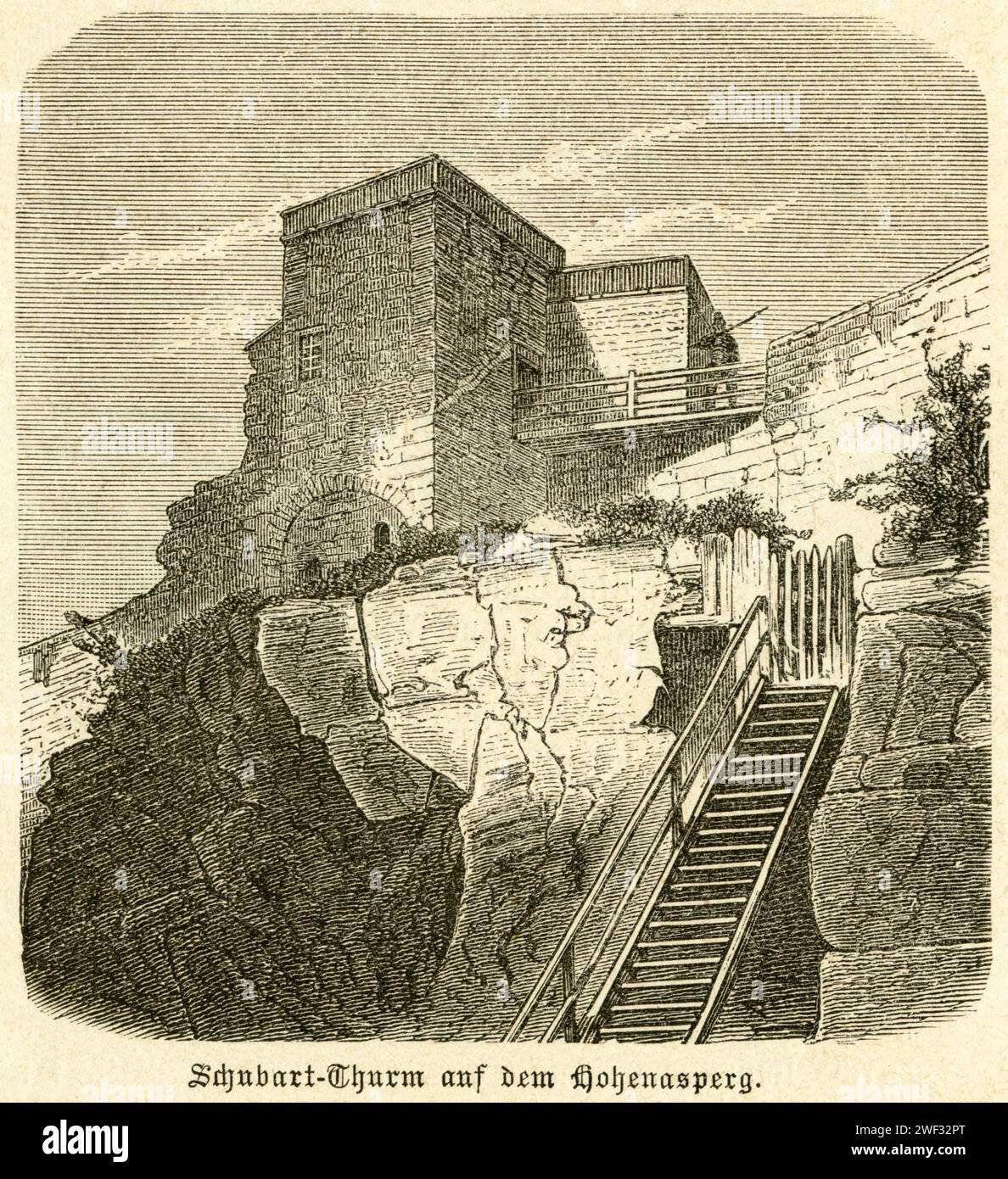 Europa, Deutschland, Baden-Württemberg, Obersontheim, Christian Friedrich Daniel Schubart, deutscher Dichter, giornalista und Komponist, hier der Schubart-Turm auf dem Hohenasperg, Motiv aus : « Illustrirte Geschichte des deutschen Schrifttums » , von otto von Leixner , zweiter Band , Verlag und Druck von otto Spamer , Lipsia und Berlin , 1881 . / Europa, Germania, Baden-Württemberg, Obersontheim, Christian Friedrich Daniel Schubart, poeta, giornalista e compositore tedesco, questa immagine mostra la Schubart Tower sul Hohenasperg, immagine da : ' Illustrirte Geschichte des deutschen Schrifttums Foto Stock