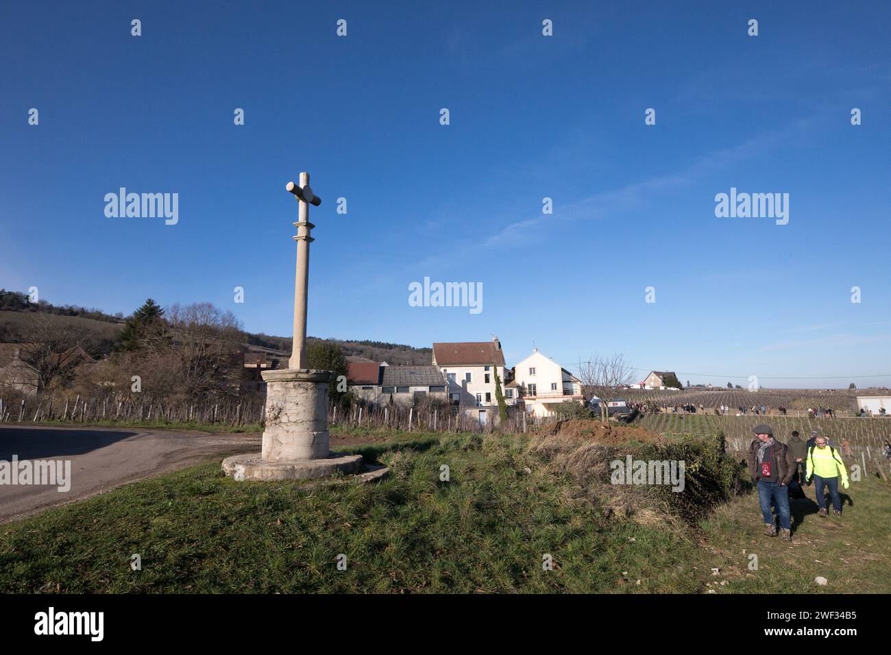 Chambolle Musigny, Francia. 27 gennaio 2024. © JC Tardivon/MAXPPP - Chambolle-Musigny 27/01/2024 Participations dans les vignes autour du Village Morey-Saint-Denis 01/27/2024 Saint Vincent Rotating in Borgogna 2024. Tra le tradizioni, le induzioni nella fratellanza dei cavalieri di Tastevin, la messa e la processione nei vigneti. Credito: MAXPPP/Alamy Live News Foto Stock