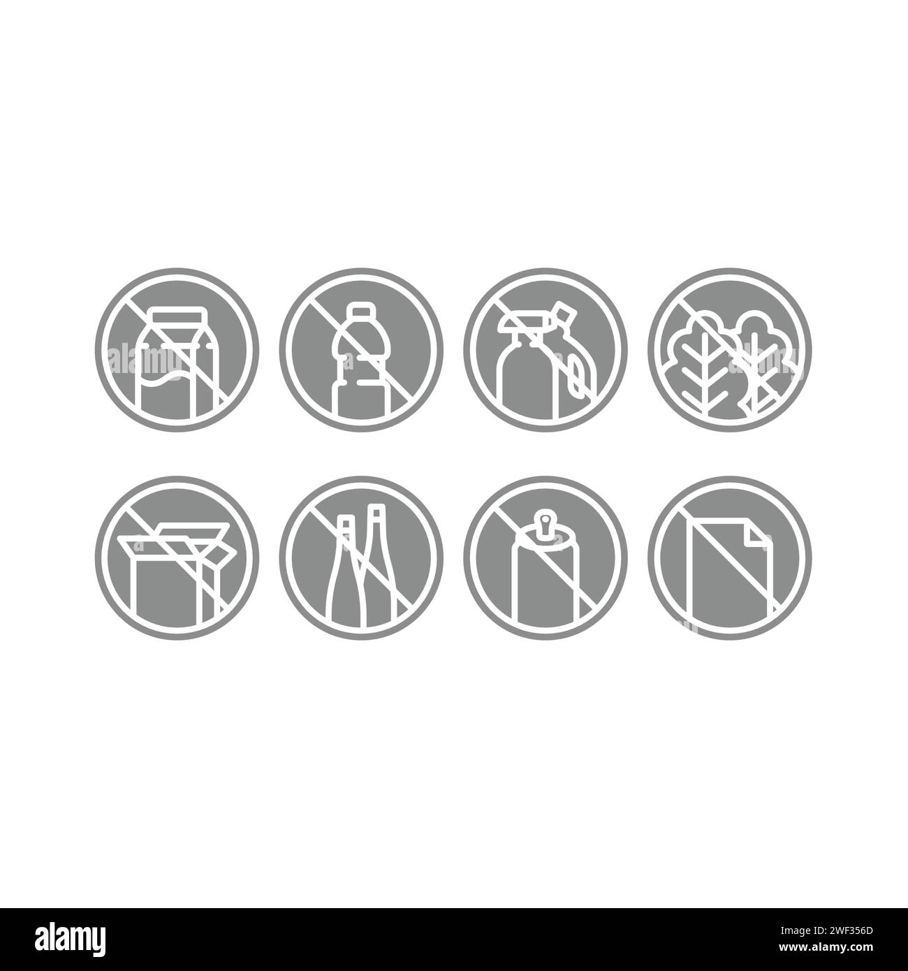 Non gettare il set di etichette in plastica o vetro. Tipo di errore, carta o insieme di icone organiche, tratto modificabile. Illustrazione Vettoriale