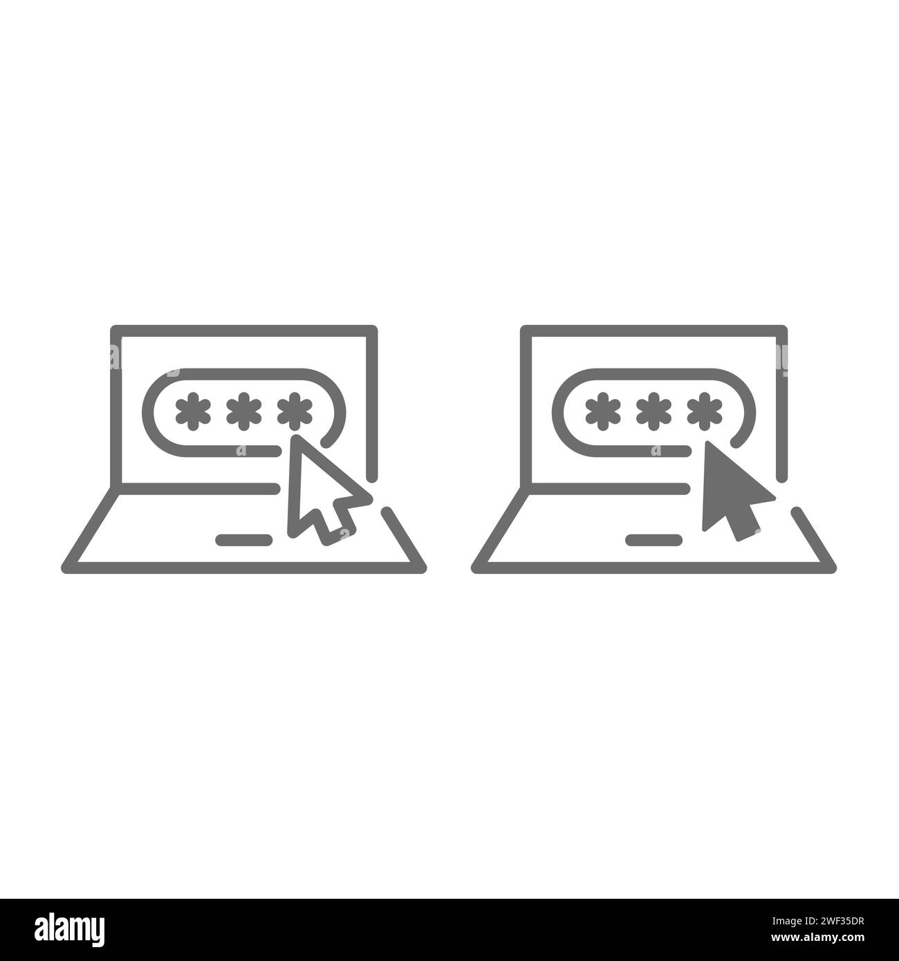 Icona del vettore di accesso protetto da password. Caratteri mascherati e simbolo della freccia del mouse del computer, tratto modificabile. Illustrazione Vettoriale