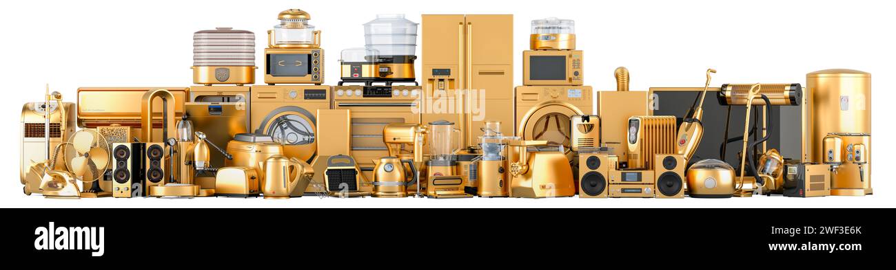 Golden Kitchen and Household Appliances, rendering 3D isolato su sfondo bianco Foto Stock