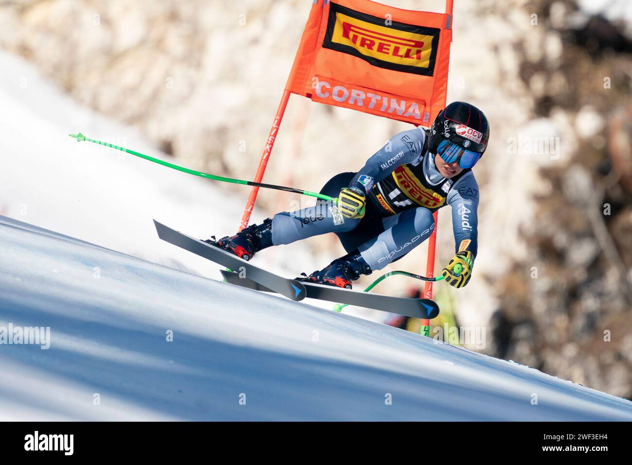 Cortina d’Ampezzo, Italia 28 gennaio 2024. MELESI Roberta (Ita) gareggia nella Audi Fis Alpine Ski World Cup Women's Super-G Race sul tracciato Olympia nella catena dolomitica. Crediti: MAURO DALLA POZZA/Alamy Live News Foto Stock