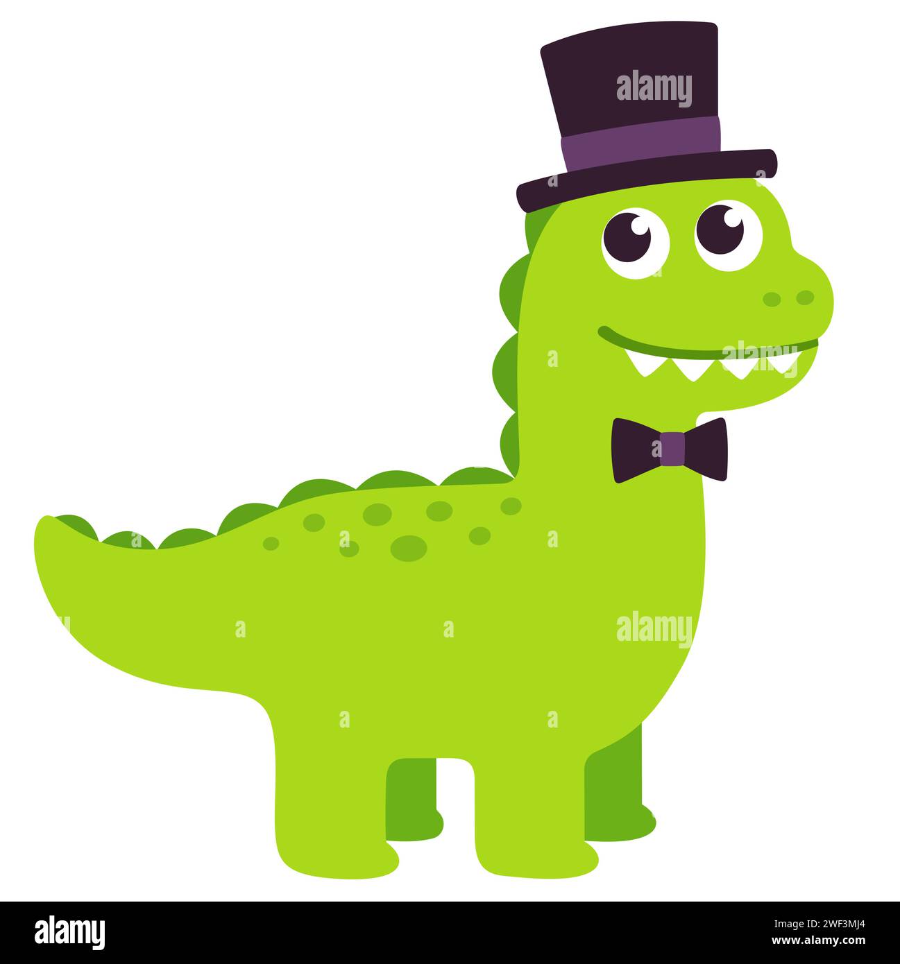 Simpatico dinosauro gentiluomo dei cartoni animati con cappello e cravatta. Illustrazione vettoriale carina. Illustrazione Vettoriale